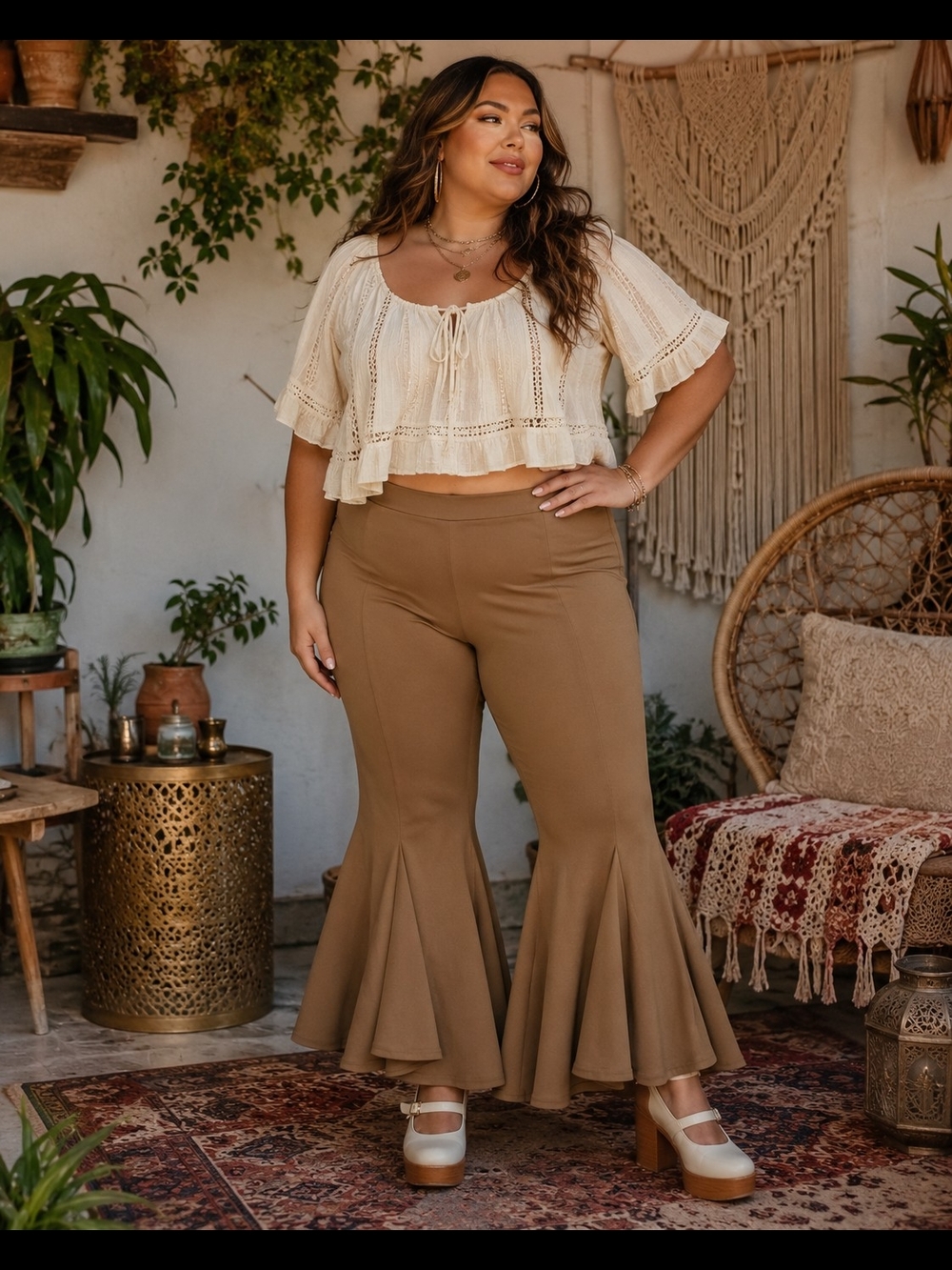 CATO Plus Size Tan Flare Hem Pants